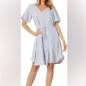 Vince Camuto V neck tie waist dress. Pre-loved. Size Med. Blue/white stripe.